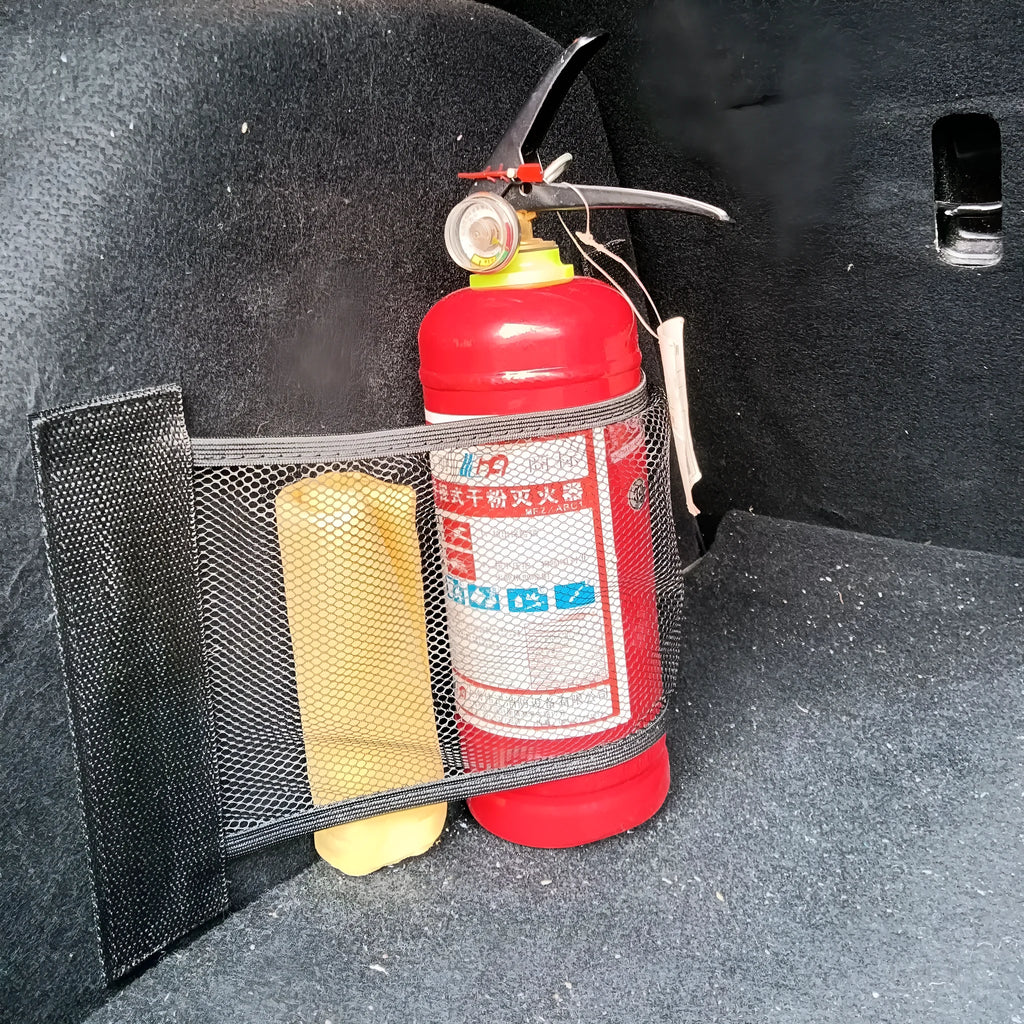 Elastic polyester mesh car boot storage net shown in a vehicle trunk.