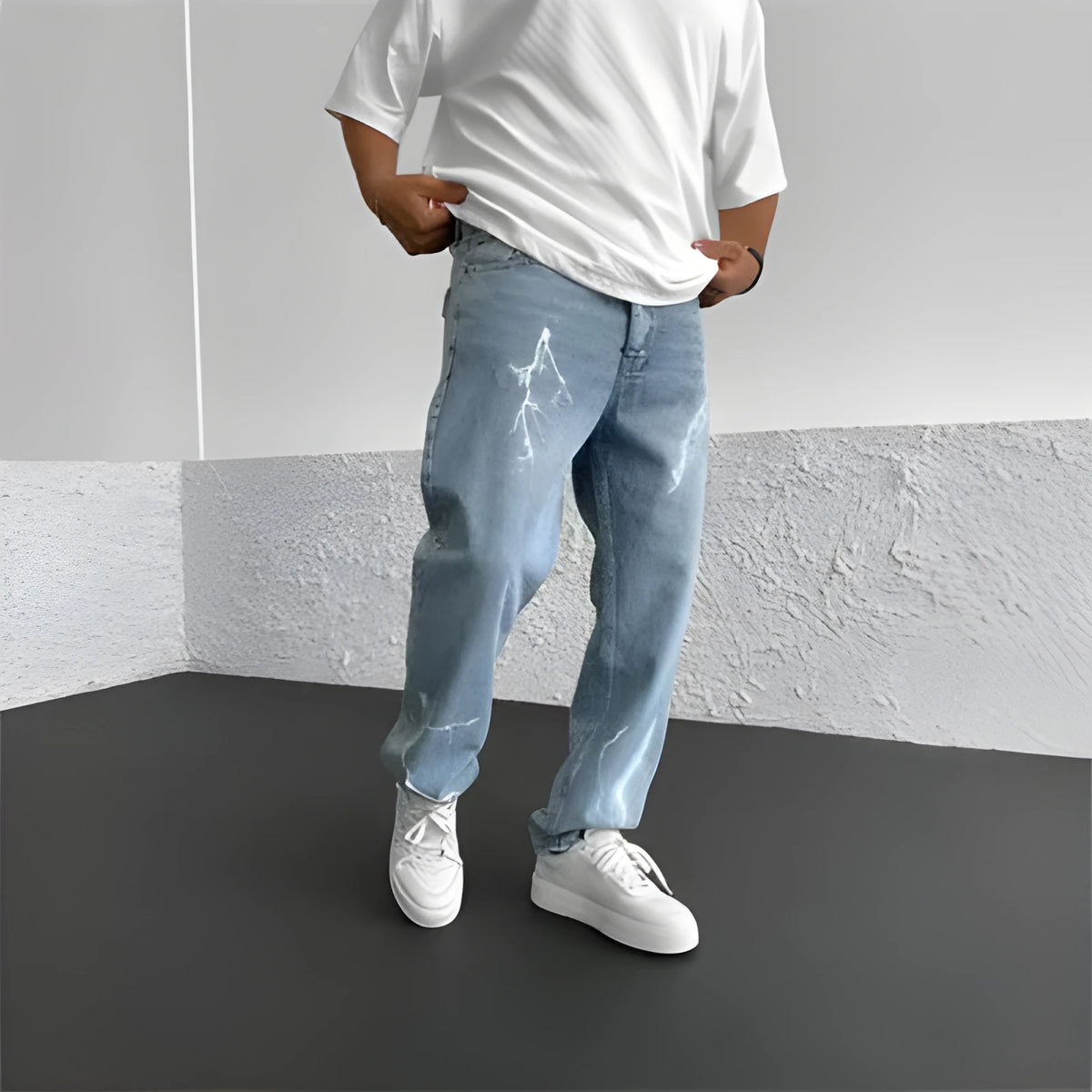 Blue men's straight-leg denim jeans with mid-waist fit and zipper fly displayed flat