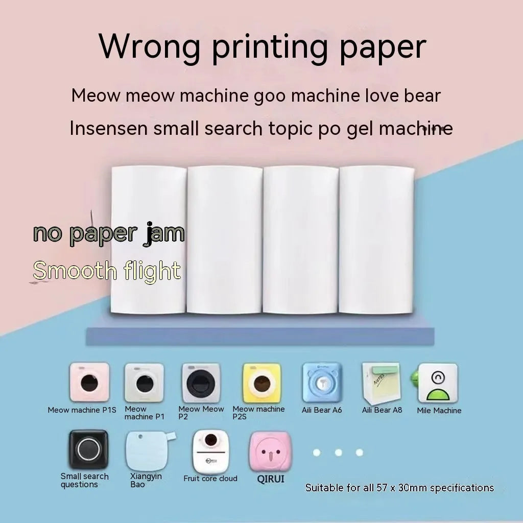 Box of 57x30 mm pink, yellow, and blue thermal paper rolls for receipts and student notebooks