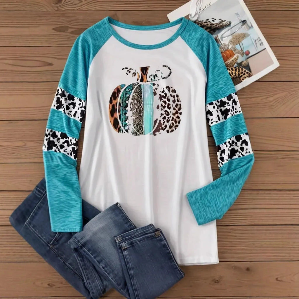 Halloween pumpkin 3D digital printing white T-shirt in sky blue with long sleeves