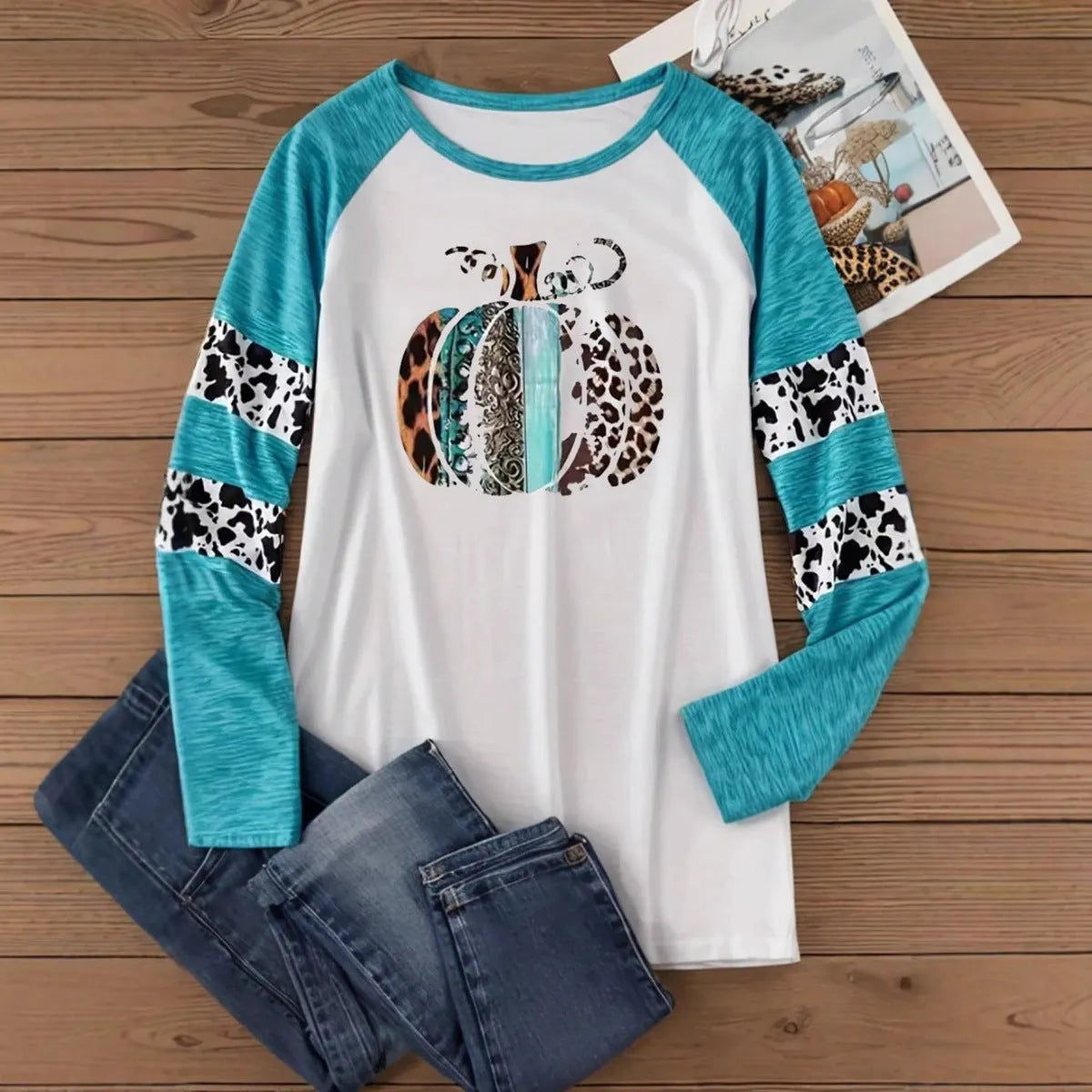 Halloween pumpkin 3D digital printing white T-shirt in sky blue with long sleeves