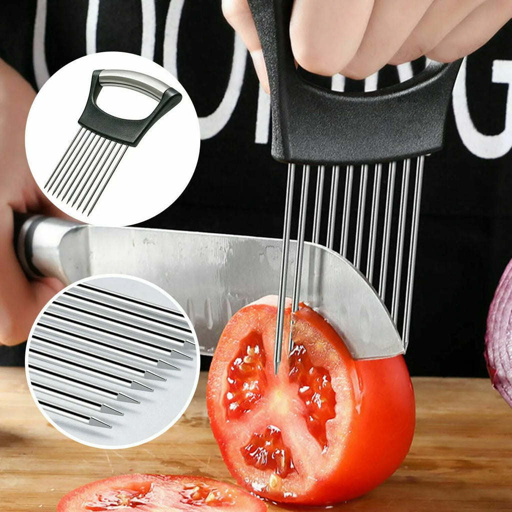 Stainless steel onion and tomato slicer holder with ABS handle on a kitchen worktop