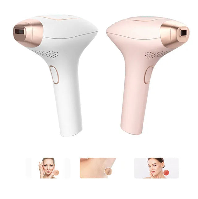 Pink and white ice-sensing laser hair removal device with shaver attachment and protective glasses