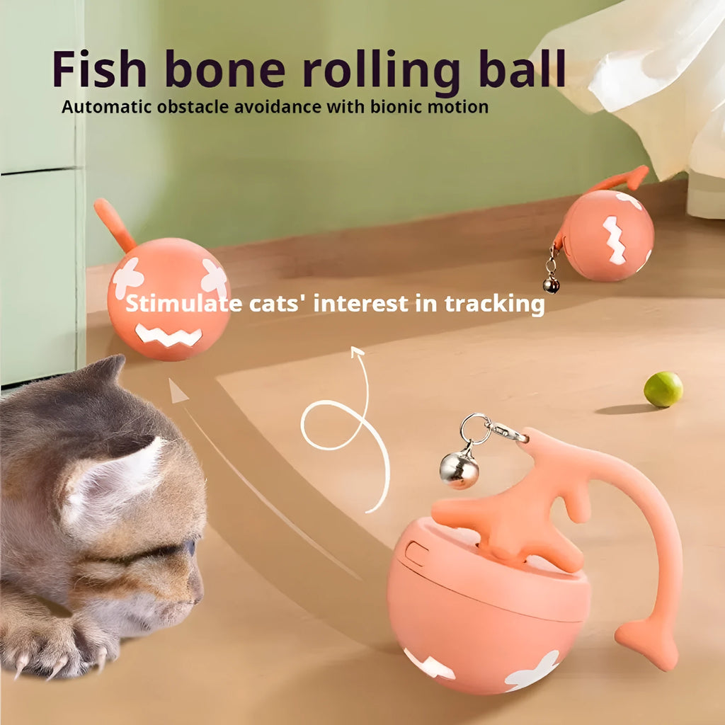 Blue USB electric cat teasing ball toy with rolling fish bone design for automatic pet play