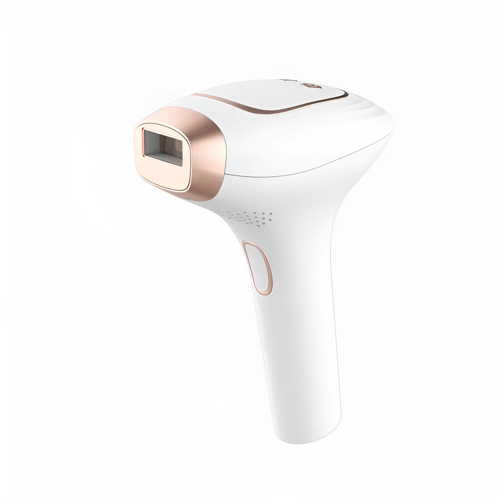Pink and white ice-sensing laser hair removal device with shaver attachment and protective glasses