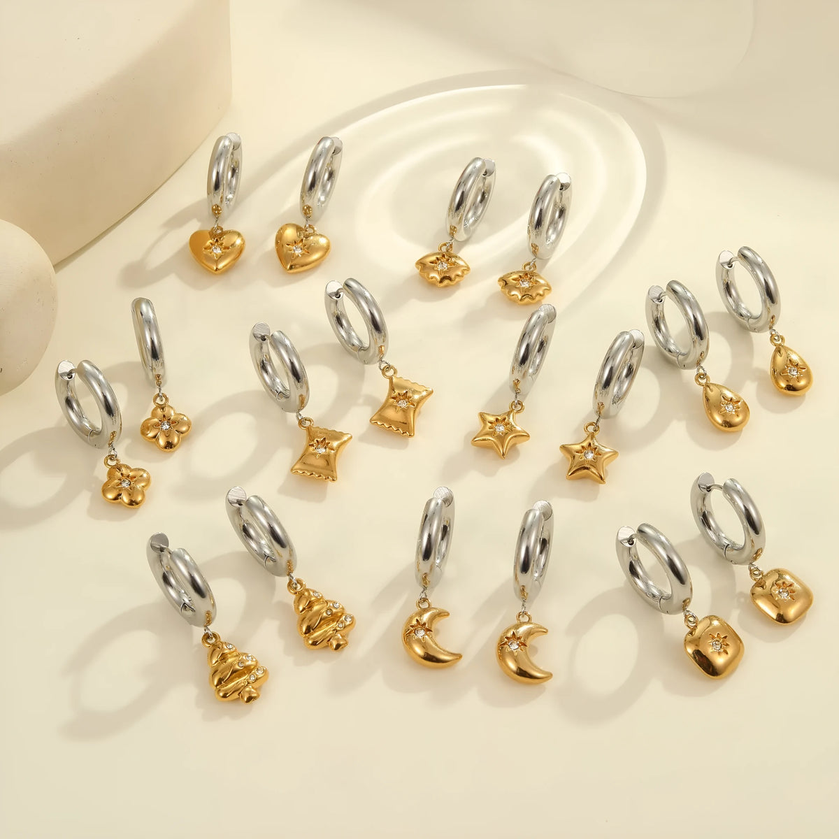Christmas tree heart-shaped stainless steel earrings with star ornament designs and 18K electroplating