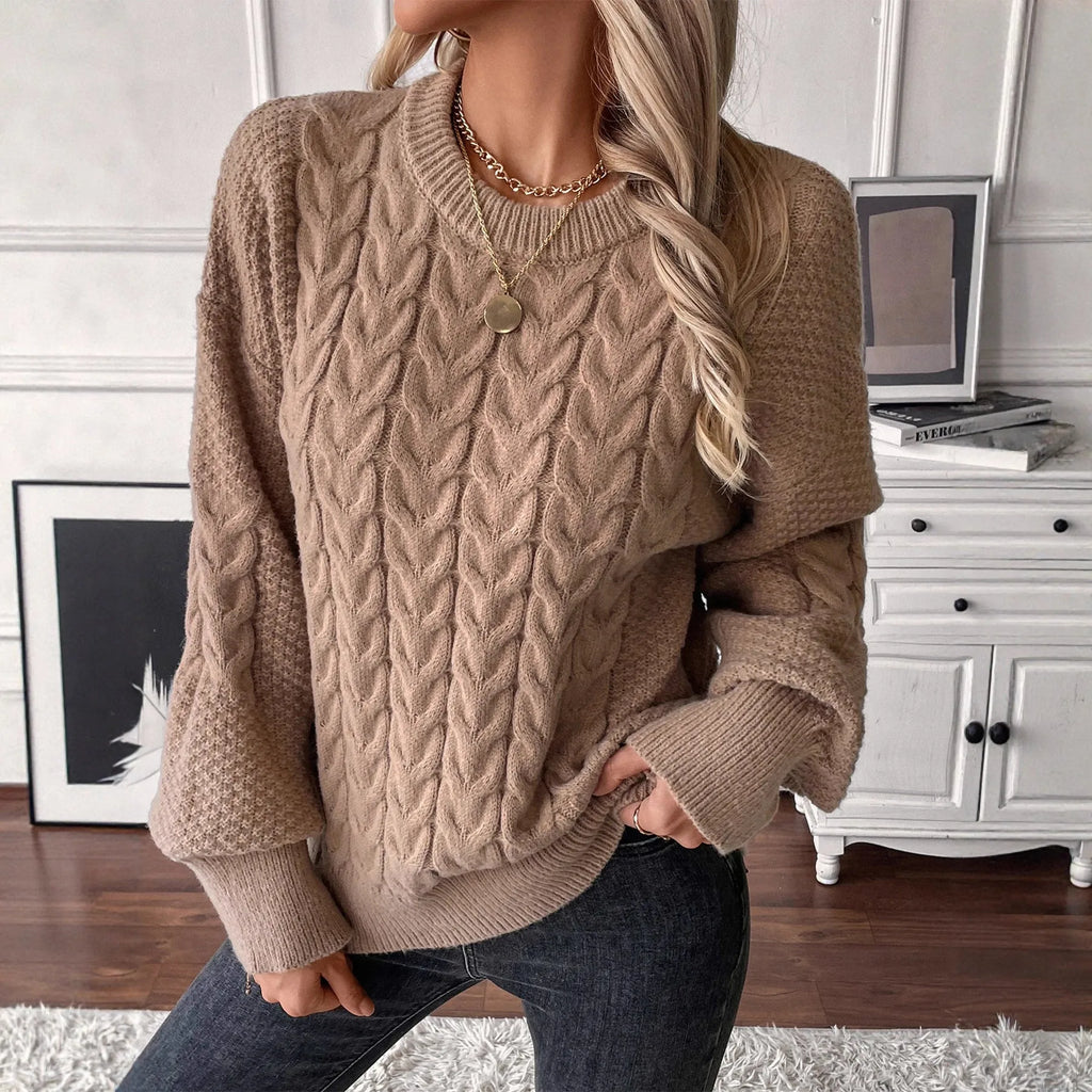 Women's beige round neck casual polyester sweater with loose fit on hanger