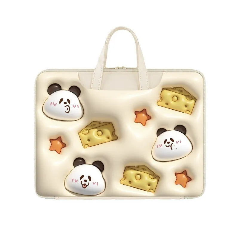 Inflatable PU leather laptop bag with carry strap, shown in a cute panda design.