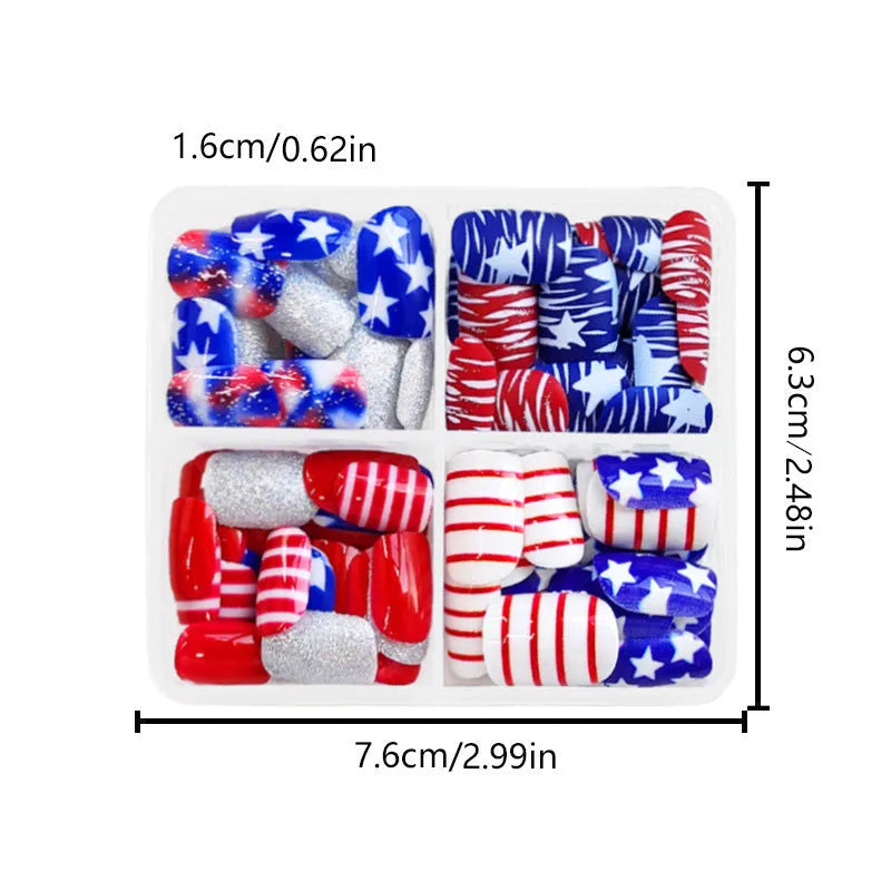 Red and blue glitter artificial nail tips with short European square shape.