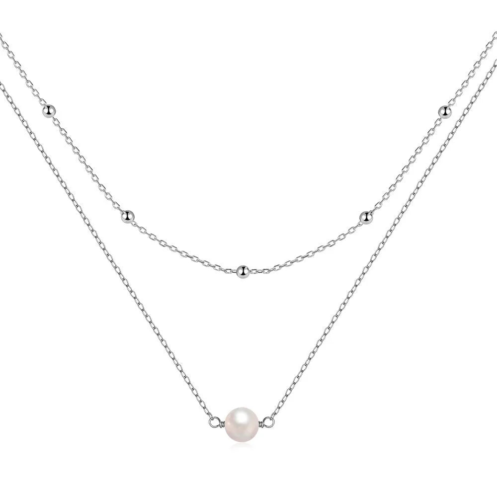 S925 sterling silver double layer necklace with twin pearls and ball bead chain in gold colour