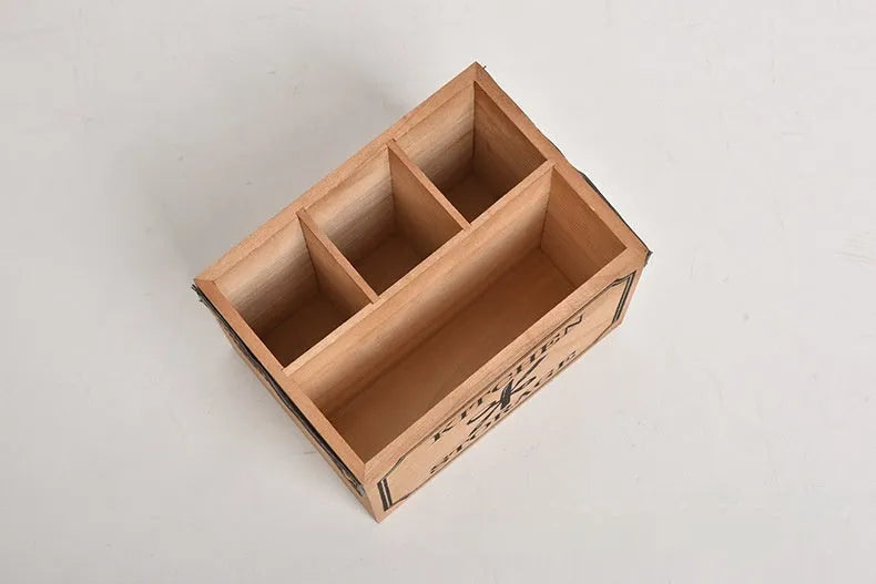 Wooden kitchen storage box with grid compartments for knives forks chopsticks measuring 12.5x12.5x23cm