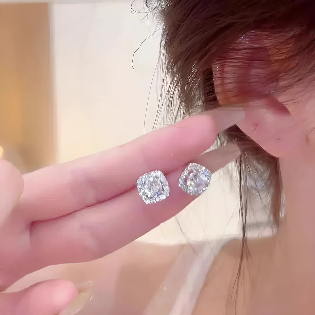 Square geometric earrings with diamond treatment in gold and silver alloy options