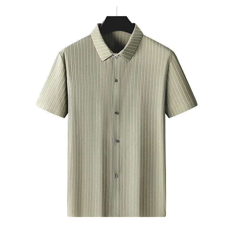 Man wearing a black plus-size striped square collar casual shirt with short sleeves.