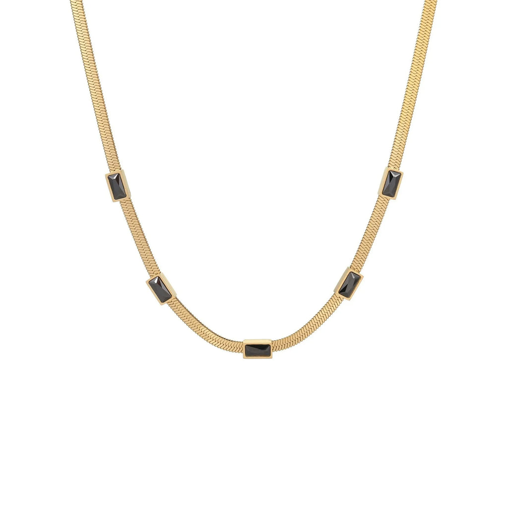 RETRO geometric square zircon stainless steel necklace with flat snake chain in gold or steel colour