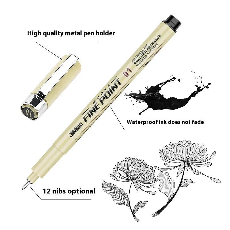 Black ink needle drawing pen with hook line art cartoon design on plastic body.