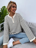 Black women's loose casual striped top with contrast colour stripes and drop-shoulder sleeves