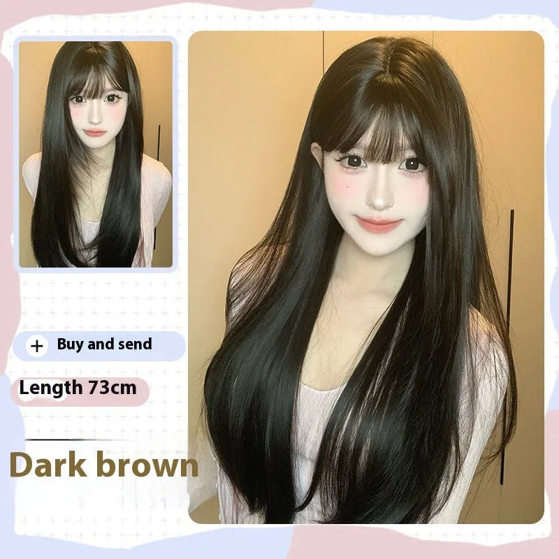 Dark brown long straight synthetic wig with fringe for round face shapes on wig head