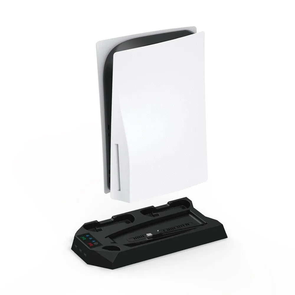 PS5 charging base radiator stand in black with controller dock and vertical console support