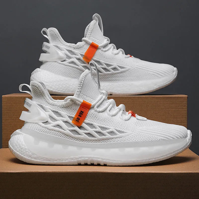Men's white mesh platform sneakers with flat heel and front lace-up design