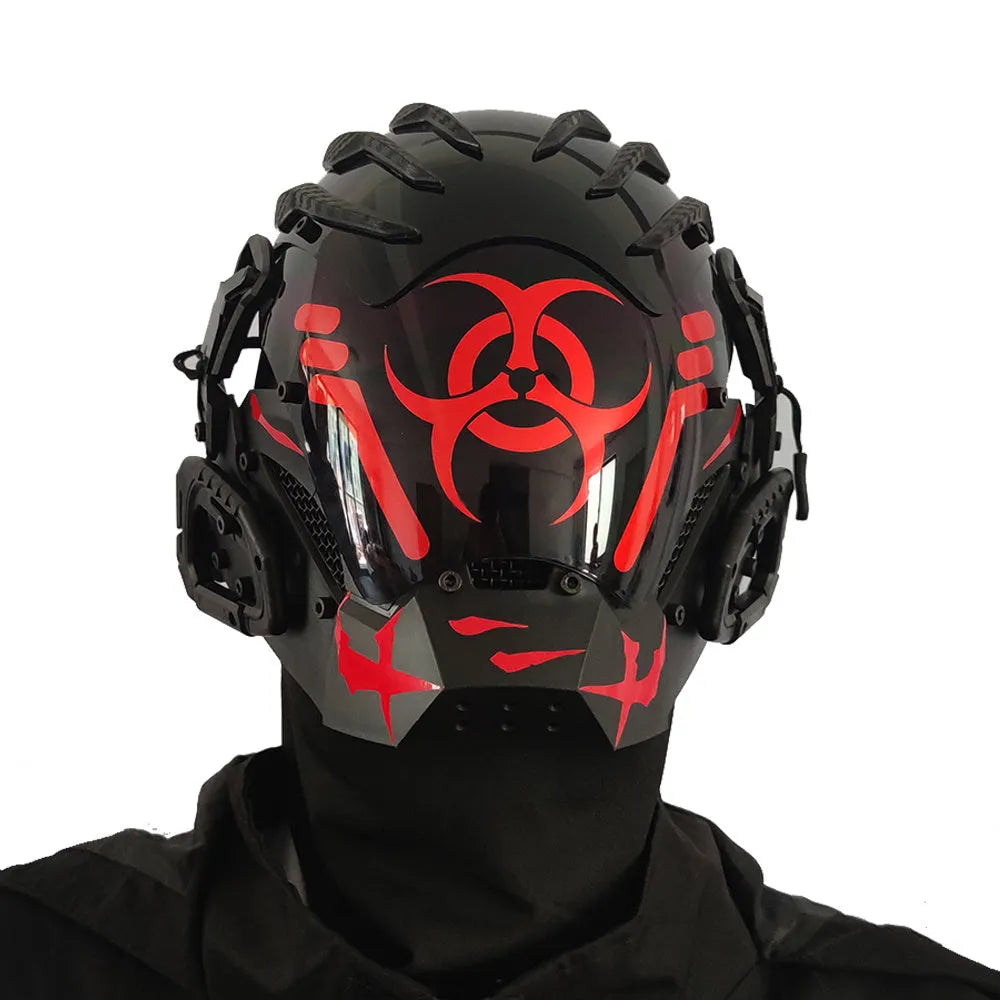 Black full-face cyberpunk costume prop mask with tech design on a mannequin head.