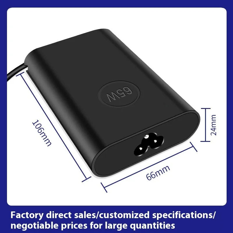 Black oval 65W USB-C laptop power adapter with UK plug, measuring 106mm long.