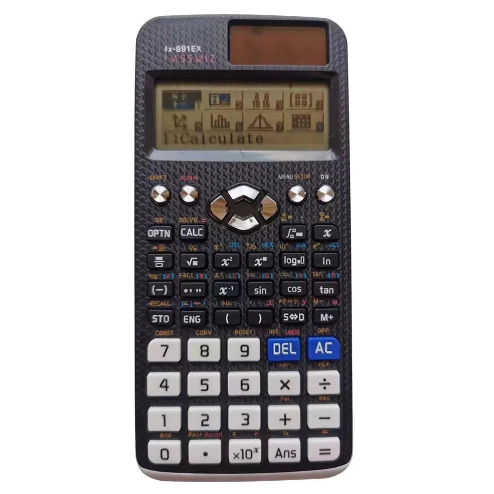 991EX scientific calculator in black, blue or pink with solar panel and ABS plastic construction