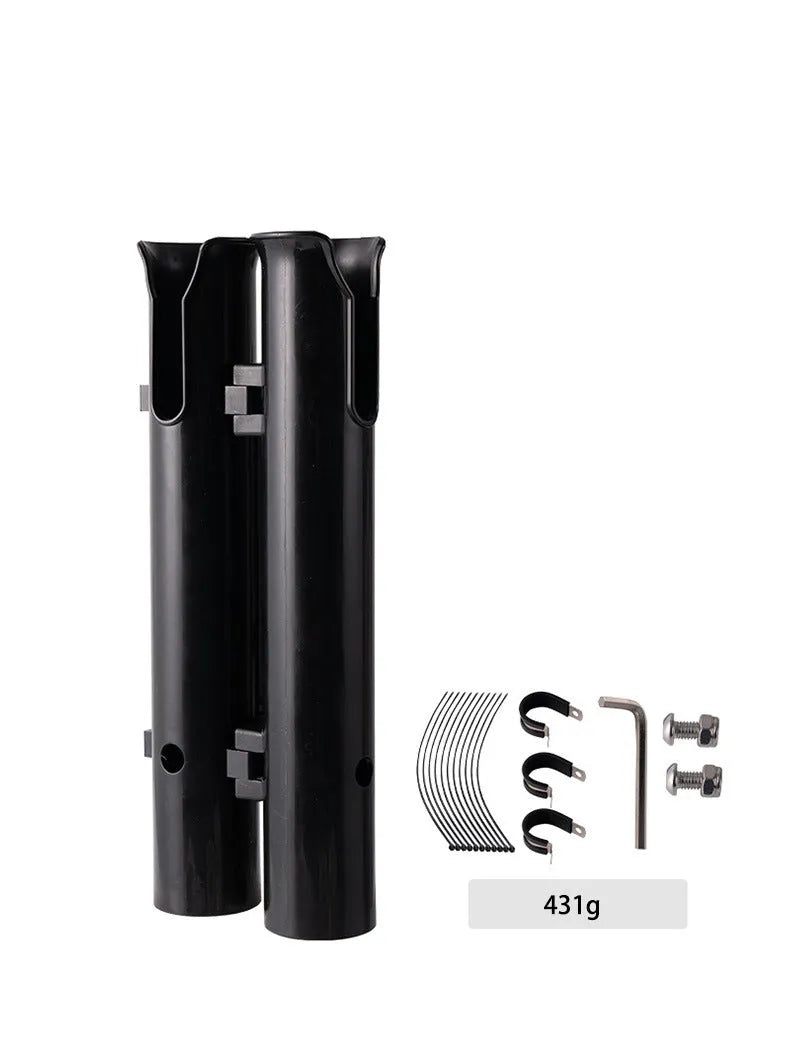 Plastic fishing rod rack with carbon reinforcement and clamp for bicycle mounting
