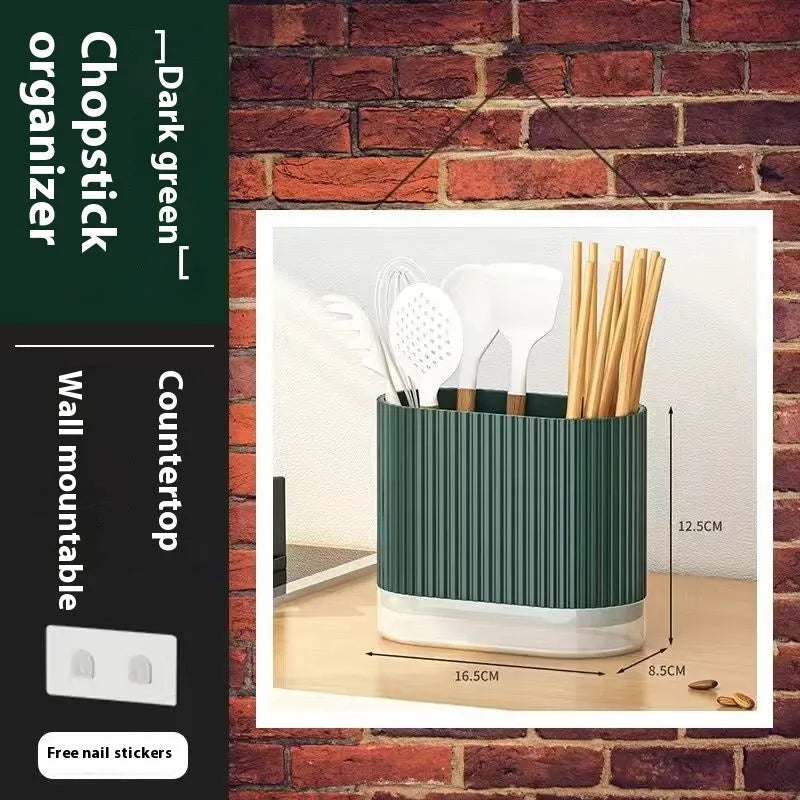 A beige plastic wall-mounted chopsticks holder with a cross-border drain design for kitchen utensil storage.