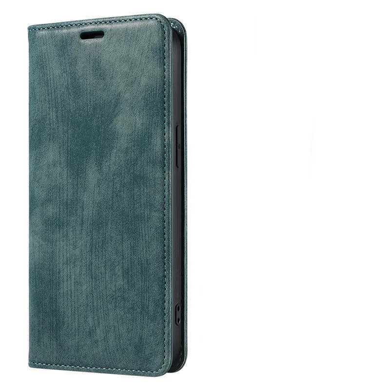 Magnetic flip phone case for iPhone in grey, made from TPU and leather with a solid colour design.
