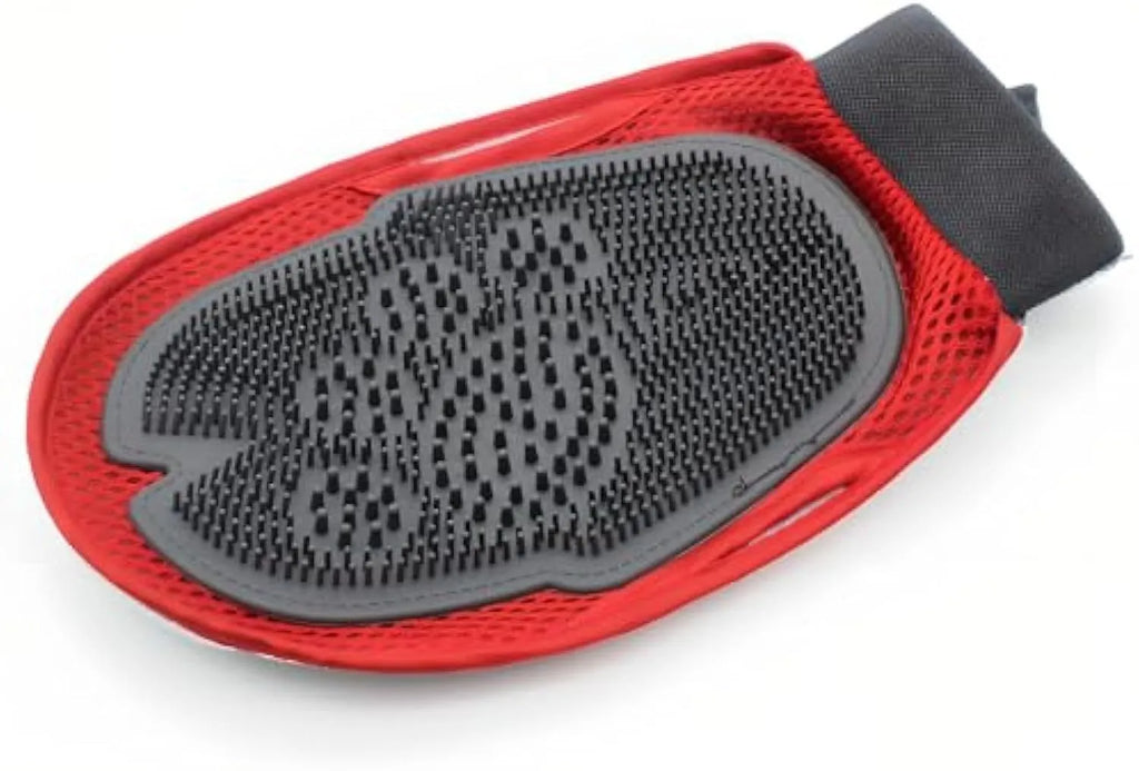 Red pet bathing and grooming glove with integrated brush surface for hair removal and massage