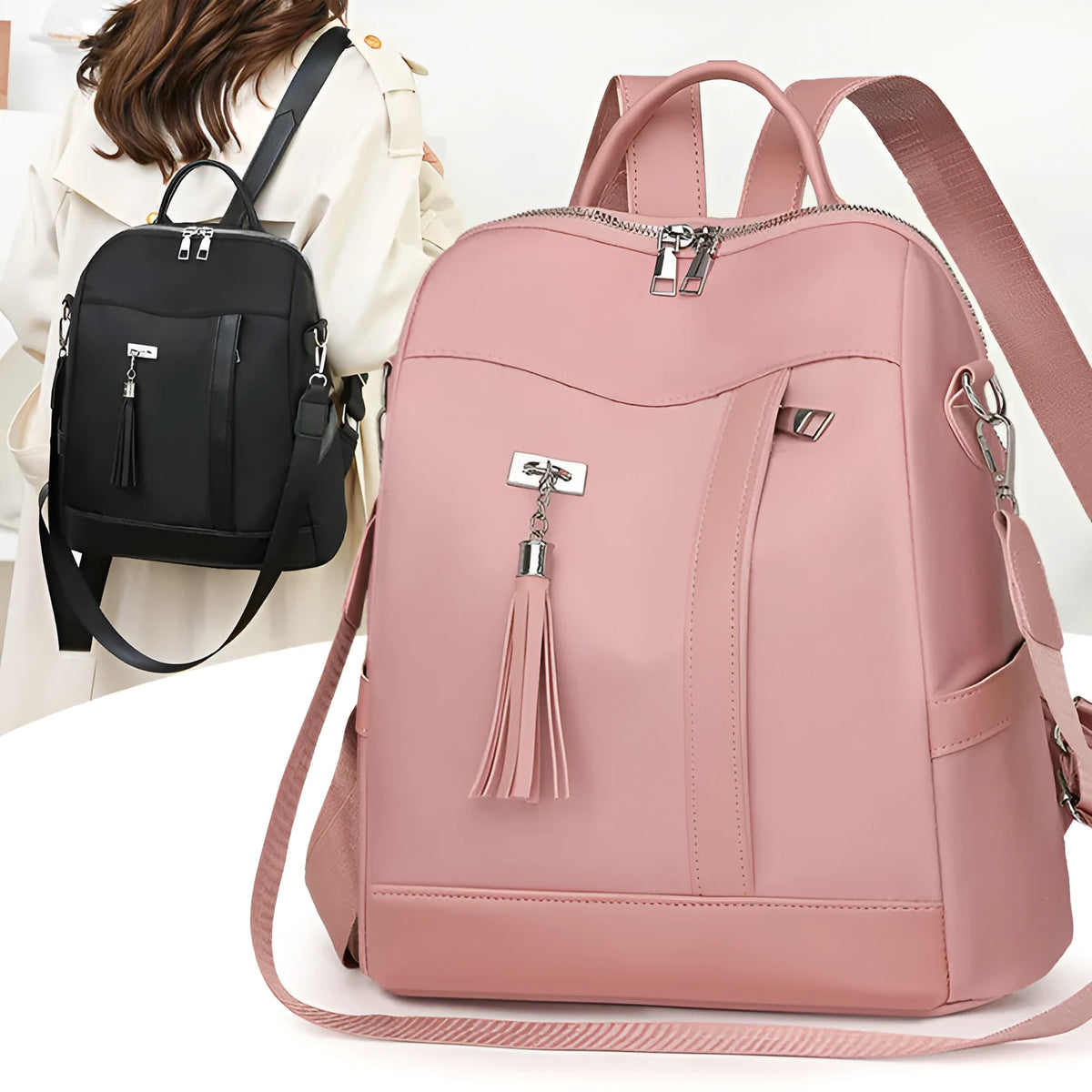 Simple black PU commute backpack with three-dimensional pocket and large capacity
