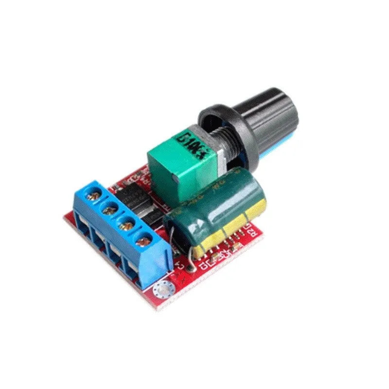 PWM DC motor speed governor for 5V to 35V operation with potentiometer knob adjustment