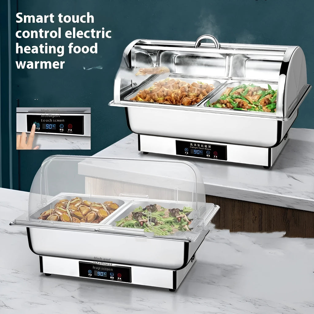 Electric buffet stove with transparent flip lid showing stainless steel construction and heating grids