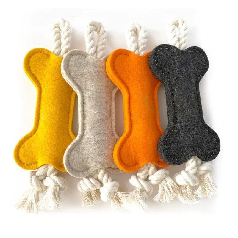 Durable bone-shaped dog chew toy made of felt and rope knots in blue, for bite resistance training.