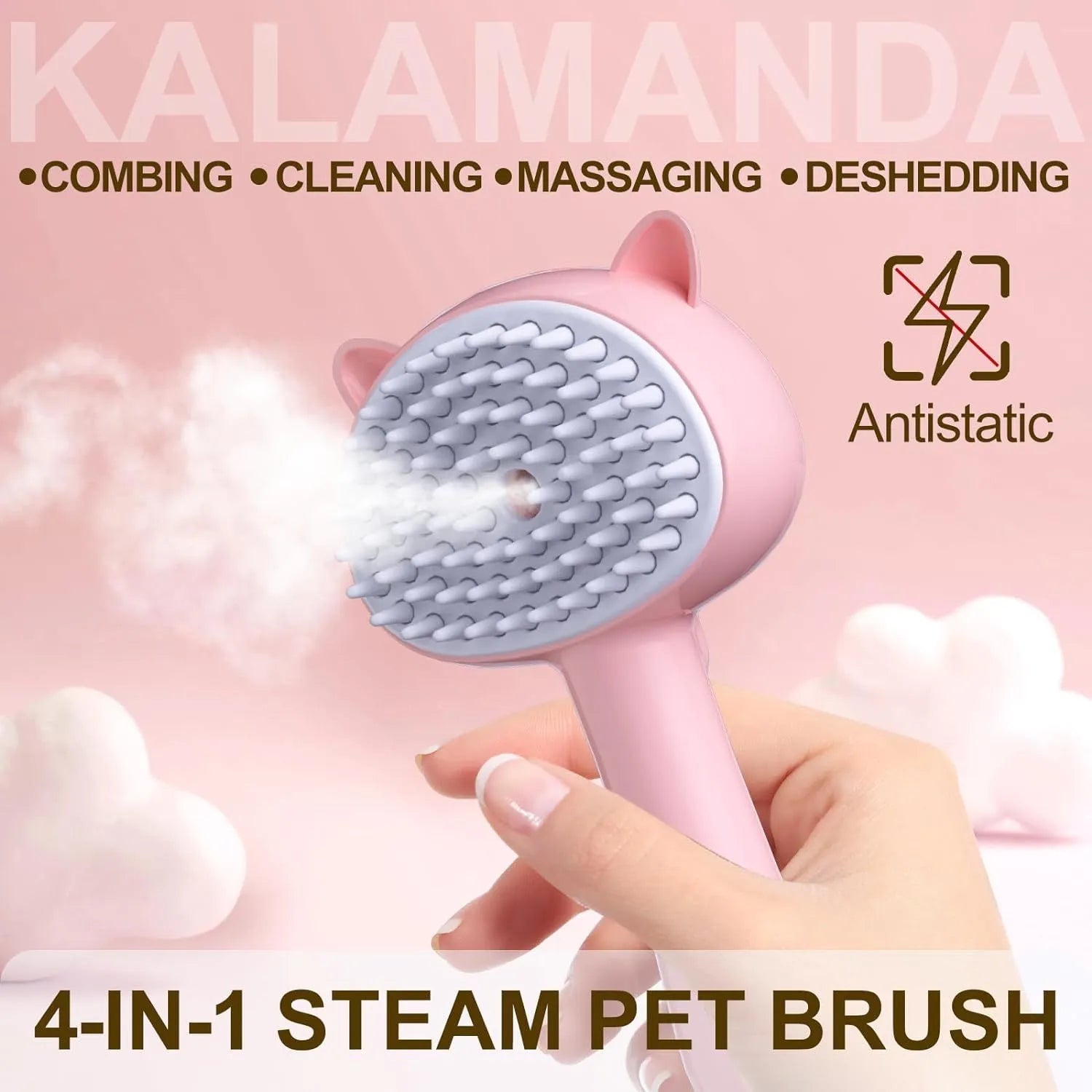 Blue 4-in-1 cat steam brush with soft rubber bristles and a one-click hair release button, shown with ergonomic handle.