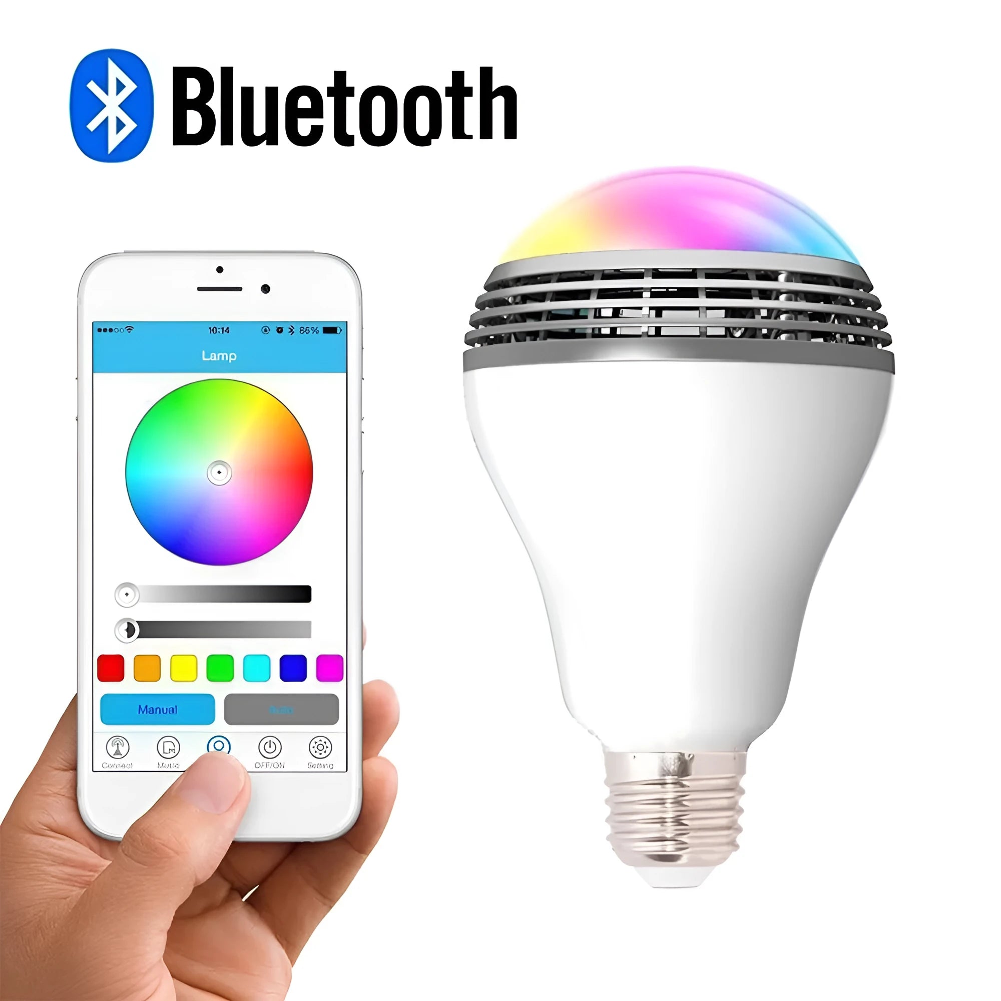 Smart LED Bluetooth speaker light bulb with E27 base and white PC casing.