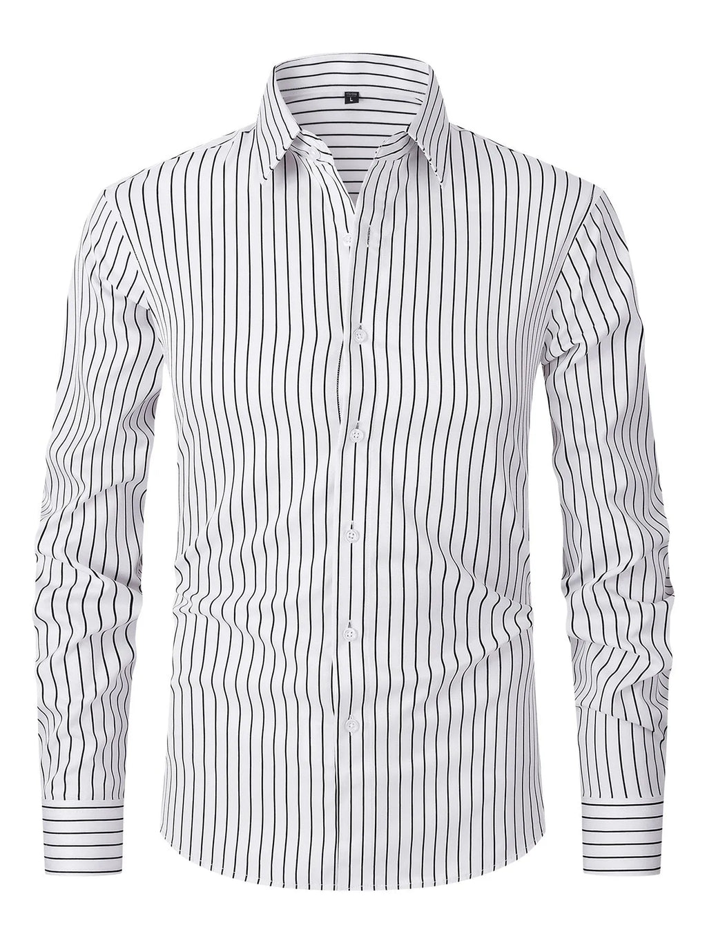 Men's slim fit ice silk striped long sleeve business shirt on hanger