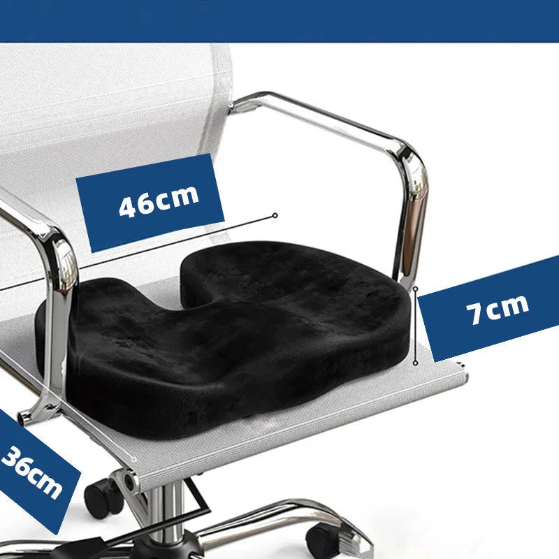 Black flannel U-shaped memory foam seat cushion showing dimensions and tailbone relief design