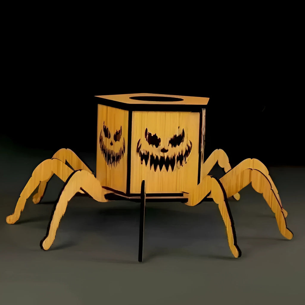 Wooden Halloween lantern candlestick with ghost spider design measuring 21cm tall