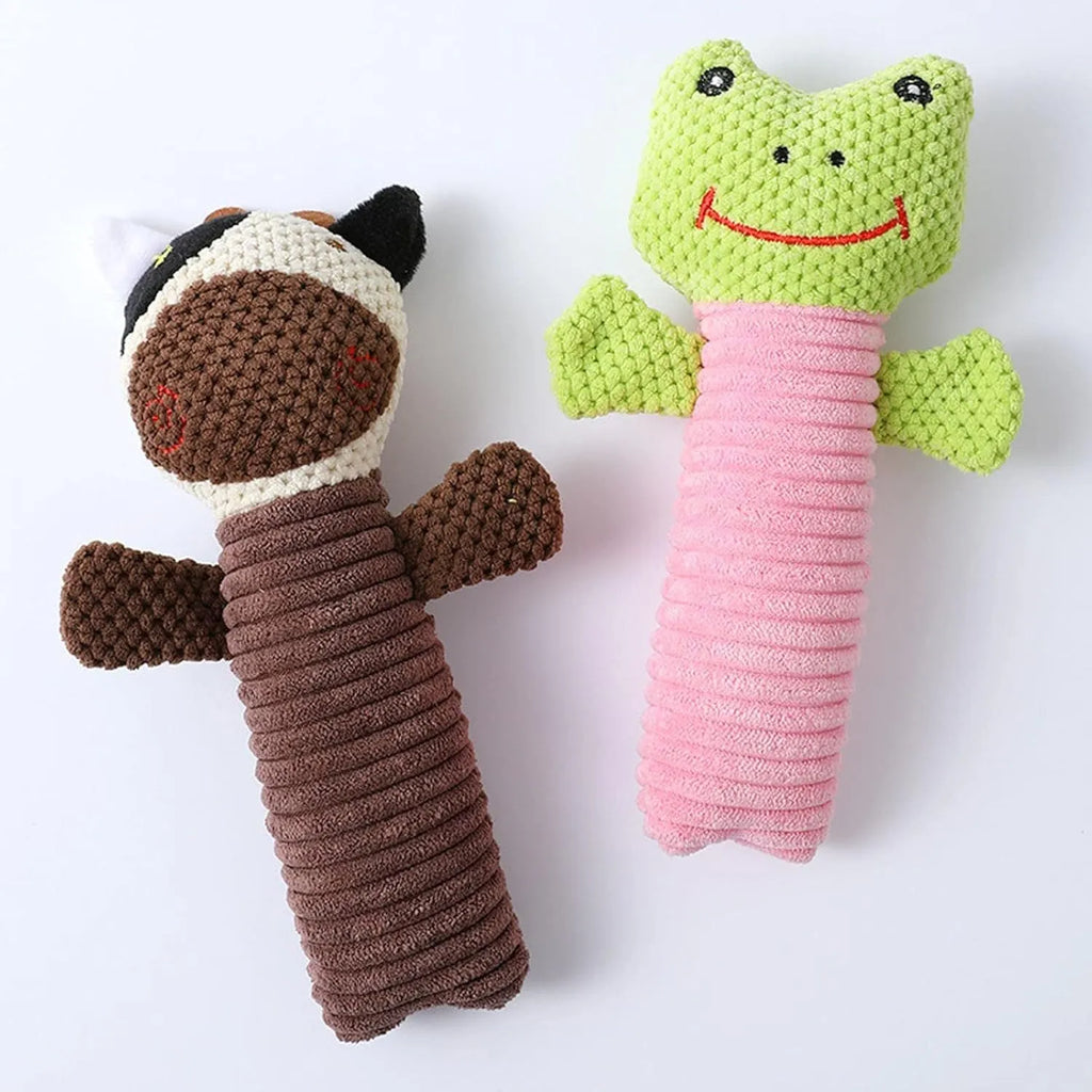 Squeaky plush dog chew toy in calf frog puppy designs for dental cleaning and teeth massage