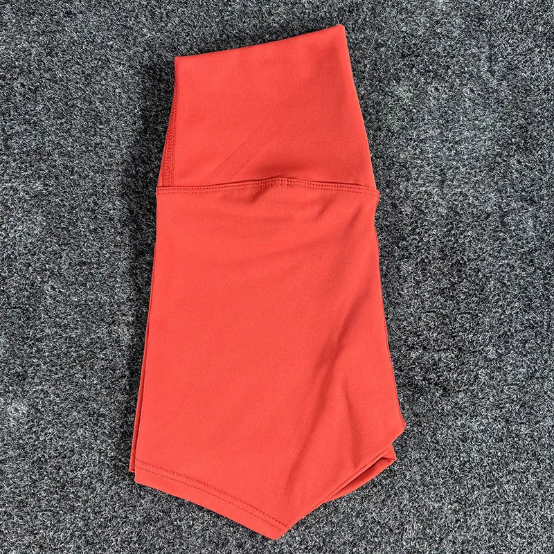 Ladies high-waist yoga shorts in moisture-wicking nylon fabric, shown in various colours