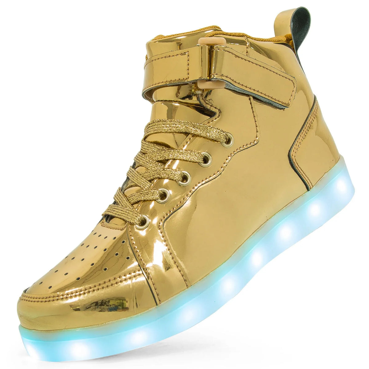 Pair of black high-top sneakers with LED lights illuminated on the side and Velcro straps.