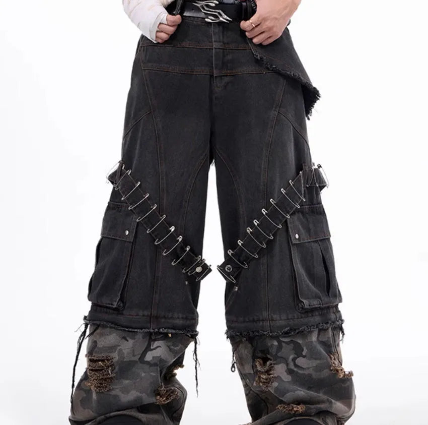 Men's grey camouflage jeans with structural splicing and pin/ribbon details on cotton denim fabric