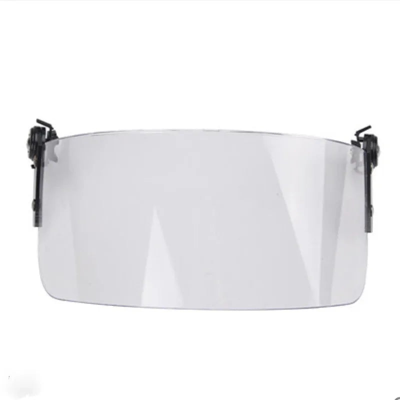 Transparent polycarbonate helmet face shield with semi-rimless frame measuring 30cm by 15cm