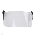 Transparent polycarbonate helmet face shield with semi-rimless frame measuring 30cm by 15cm