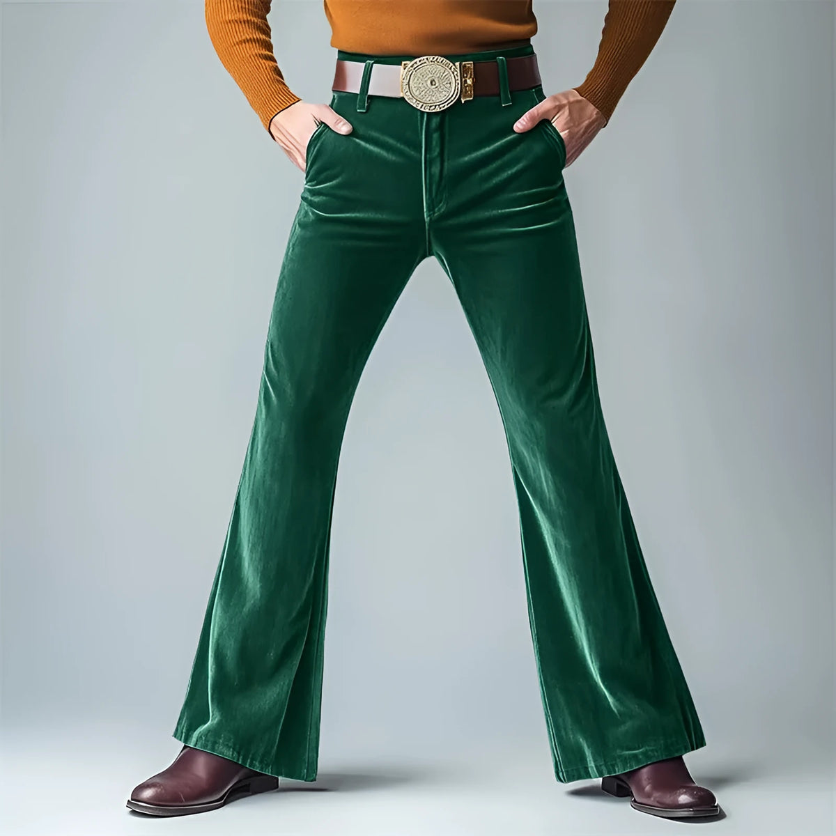 Men's gold velvet slim flared suit trousers in seven colours including dark red and khaki