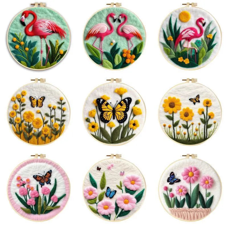 Round linen embroidery kit with wool felt pieces and a 20cm hoop for 3D blanket painting.