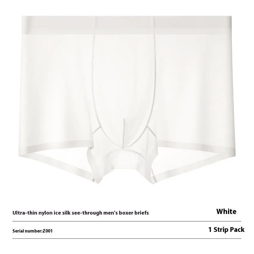 Ice silk seamless boxer briefs for men in solid colours showing ultra-thin transparent fabric