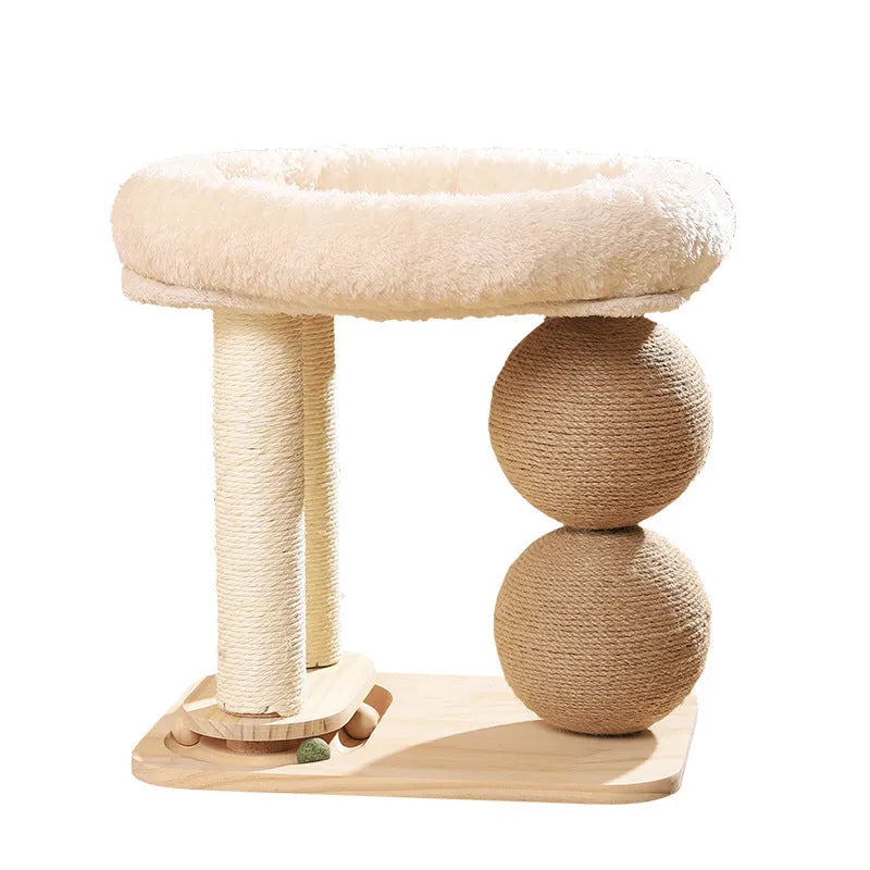 A pine wood cat nest with rounded double ball columns, showing sisal-style scratching surfaces.