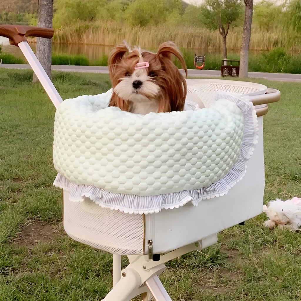 Pure cotton pet stroller cushion set with pillow and anti-dirty towel in a floral pattern.